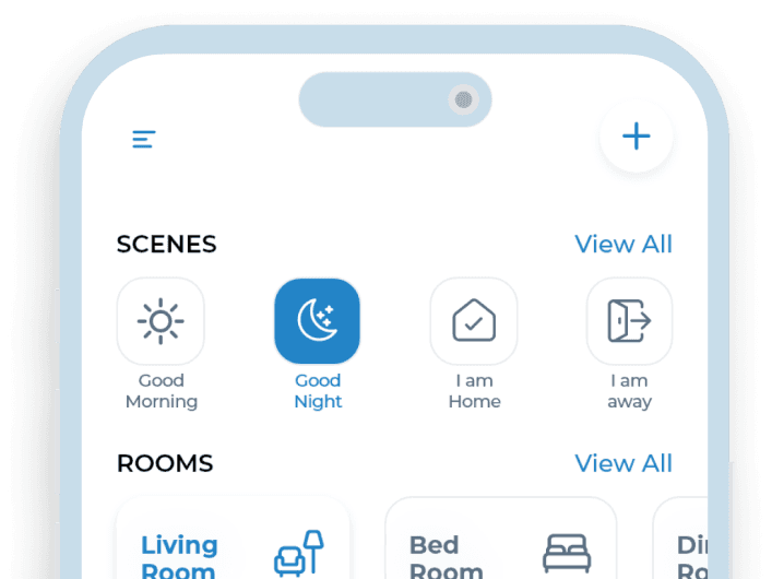 An illustration of half an iPhone displaying the overview of Scenes of the MTronic app with Good Night